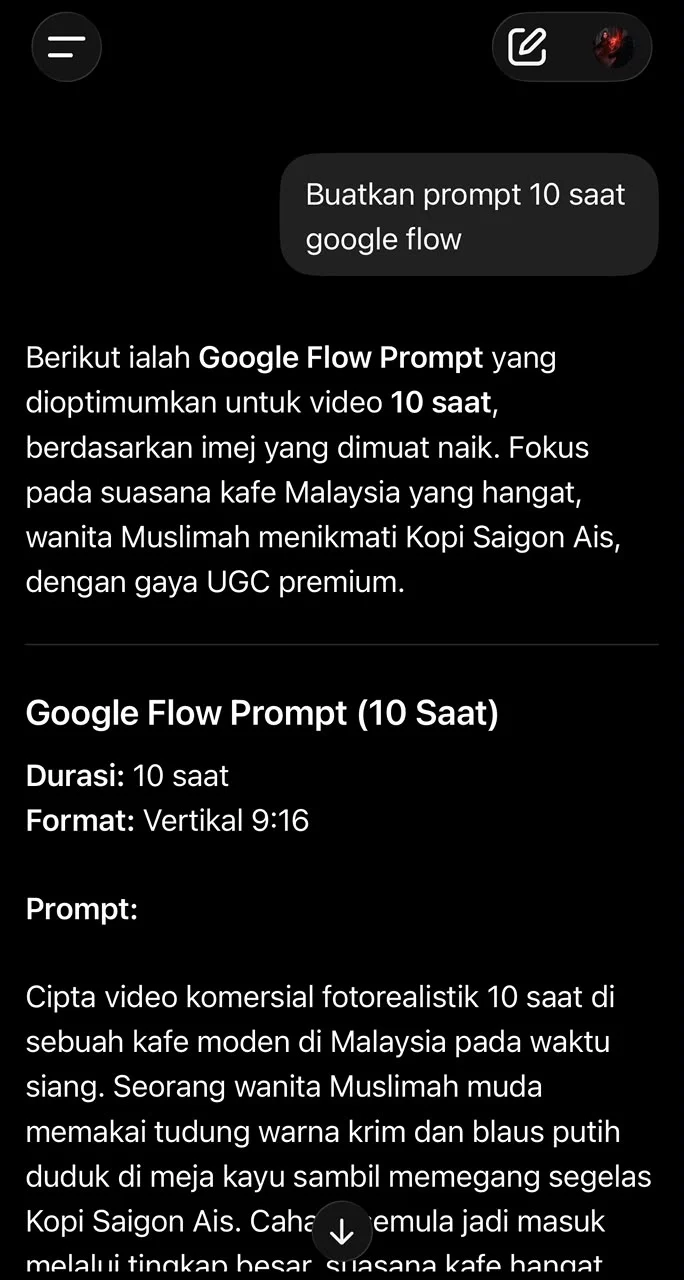 Prompt Google Flow 10 saat yang dijana dalam AVYMALAYA GPT