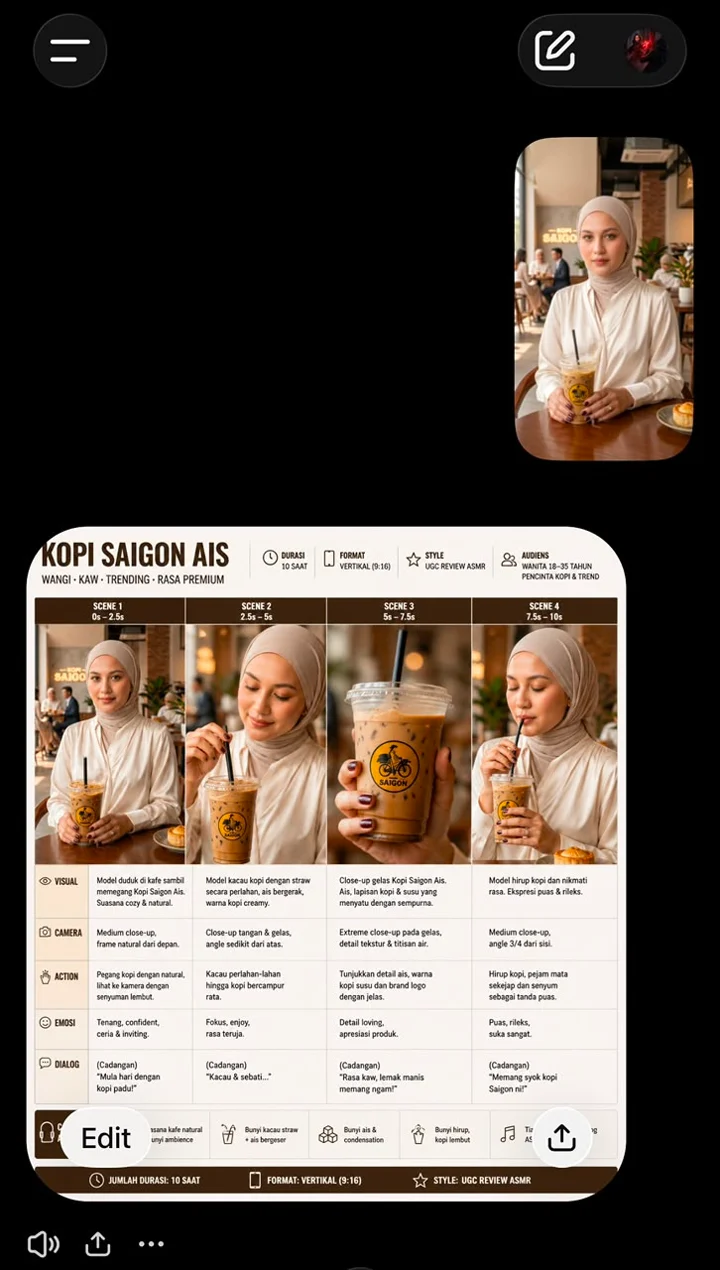 Storyboard Kopi Saigon Ais yang dijana dalam AVYMALAYA GPT